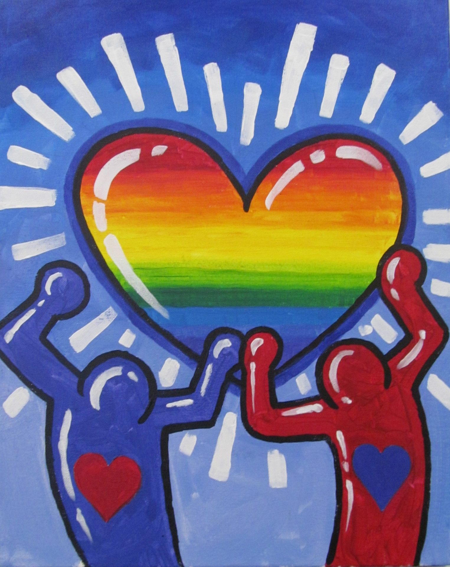 Keith Haring-inspired figures hold up a heart with the colors of the Pride Flag