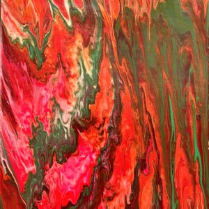 fluid painting with red, pink, green and orange colors flowing
