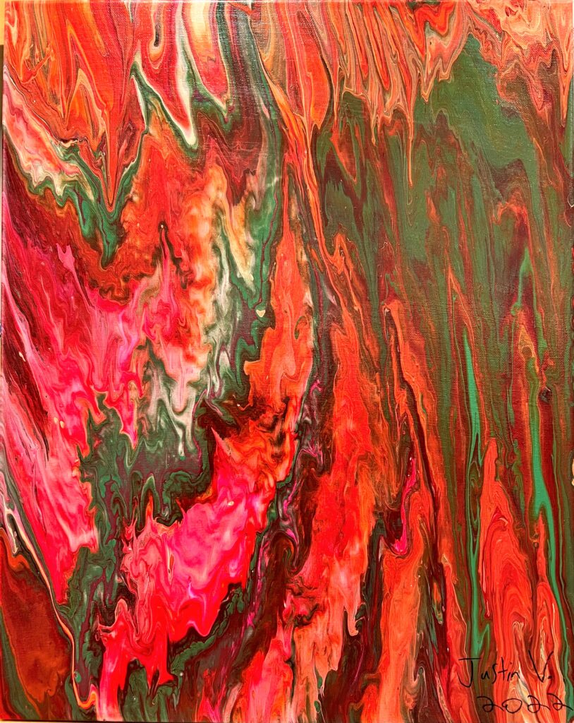 fluid painting with red, pink, green and orange colors flowing